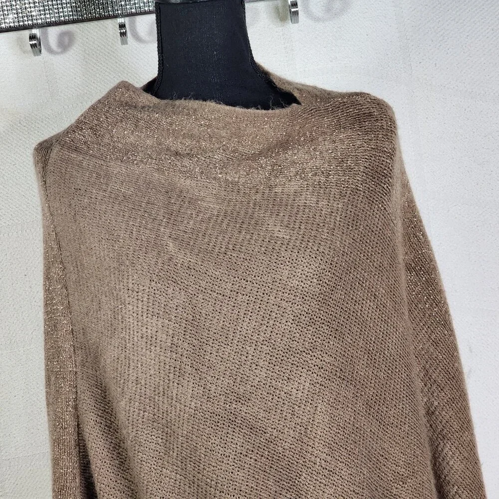Unbranded Womens Dark Tan with Gold Metallic Trim Acrylic Sweater Poncho OSFM - Picture 5 of 16